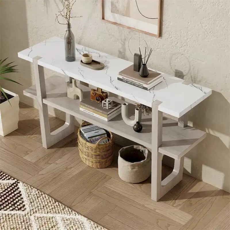 Table console élégante rétro avec plateau effet marbre et rangements polyvalents