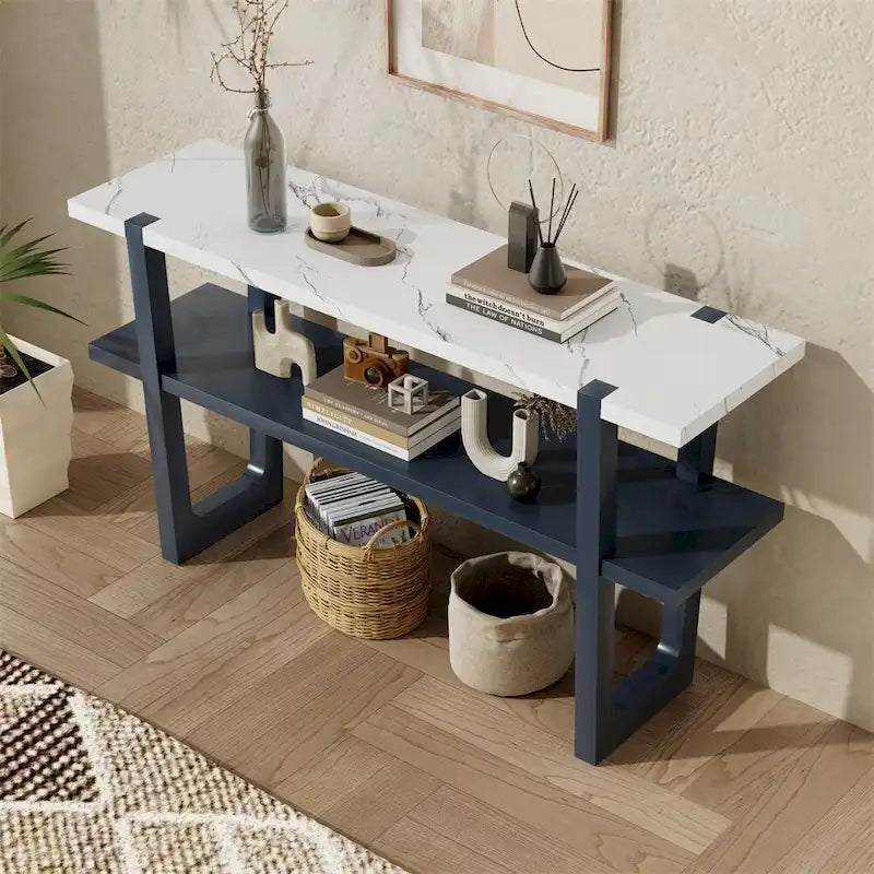 Table console élégante rétro avec plateau effet marbre et rangements polyvalents