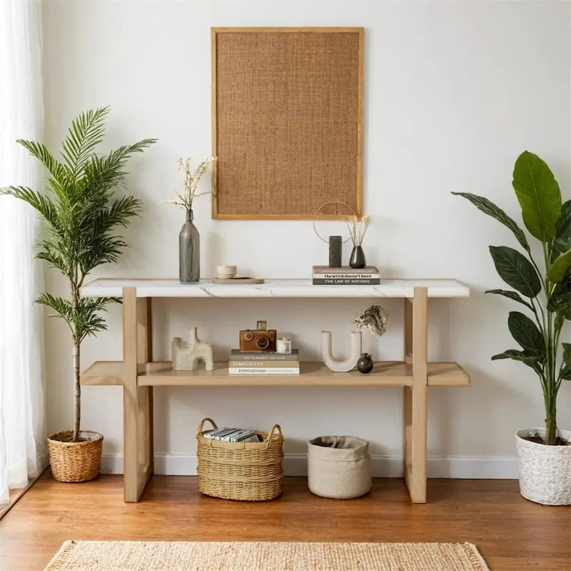 Table console élégante rétro avec plateau effet marbre et rangements polyvalents