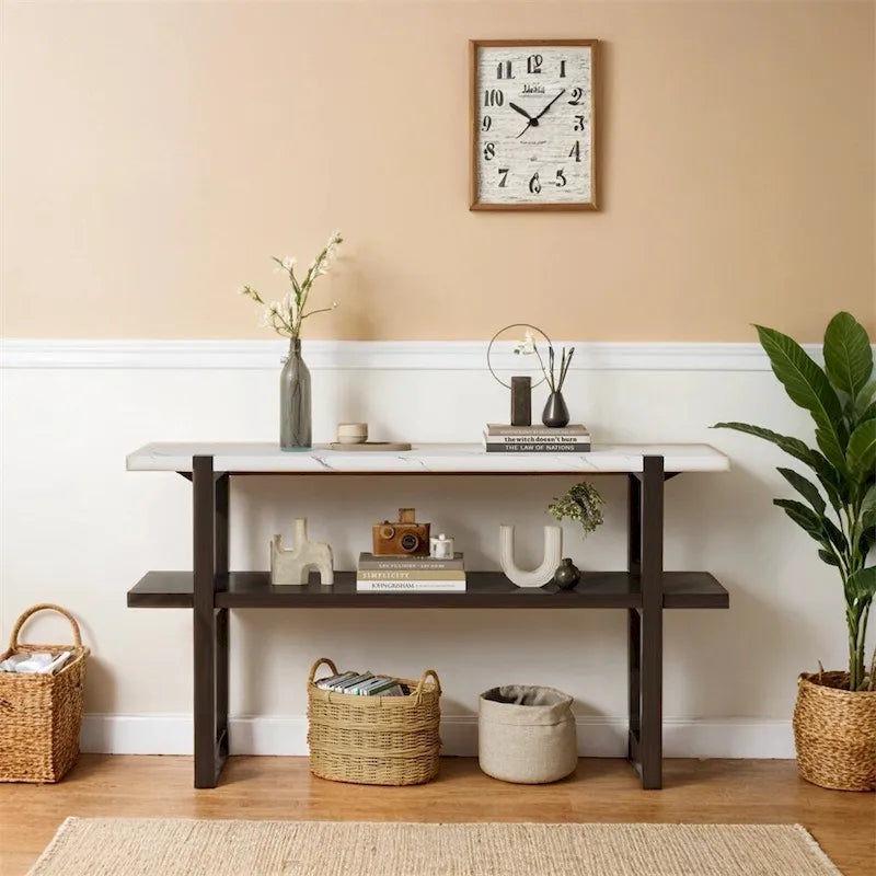Table console élégante rétro avec plateau effet marbre et rangements polyvalents