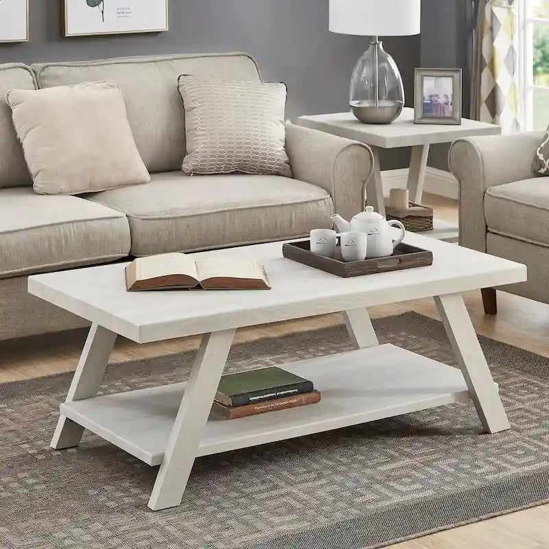 Mesa de centro contemporánea con estante de madera y acabado blanco, para la sala de estar