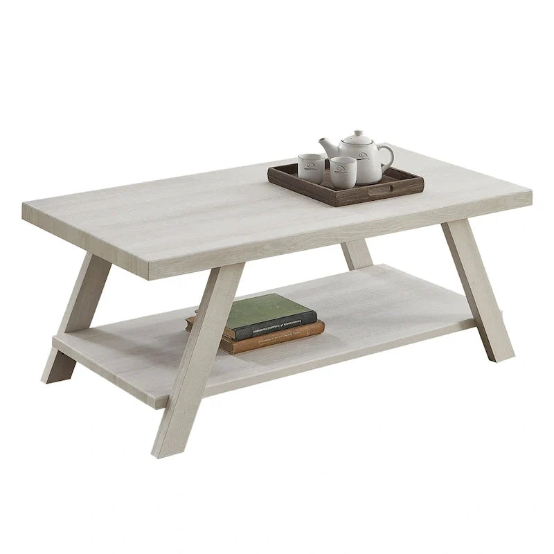 Mesa de centro contemporánea con estante de madera y acabado blanco, para la sala de estar