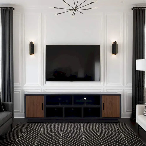 Bridgevine Home Aria 85 inch TV Stand for TVs up to 95 inches, No Assembly Required, Black and Walnut Finish