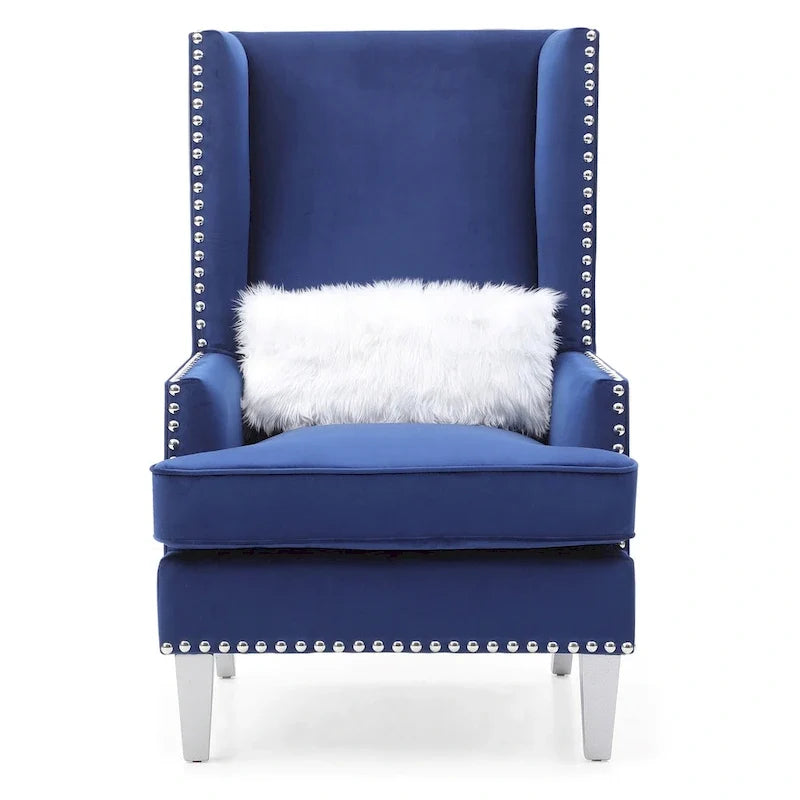 Velvet High Back Accent Chair with Fur Pillow - 47 - Blue