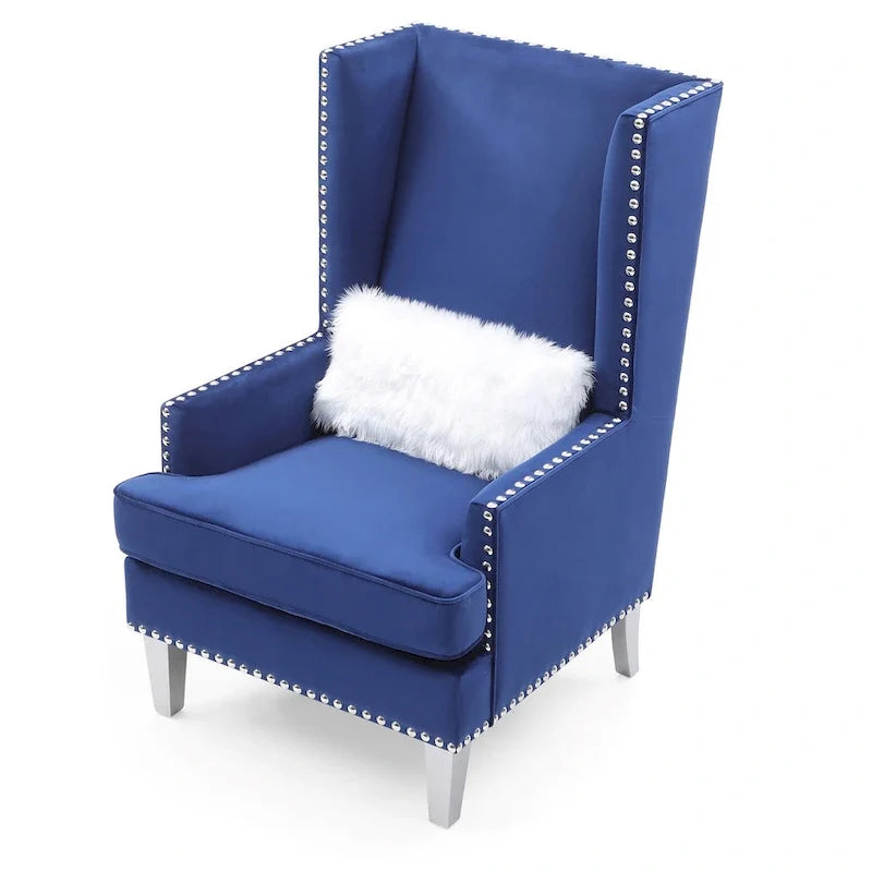Fauteuil d’appoint en velours à dossier haut avec coussin en fourrure - 47 - Bleu