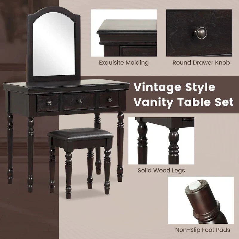 Ensemble coiffeuse — bureau de maquillage, tabouret rembourré, 3 grands tiroirs — Voir les détails