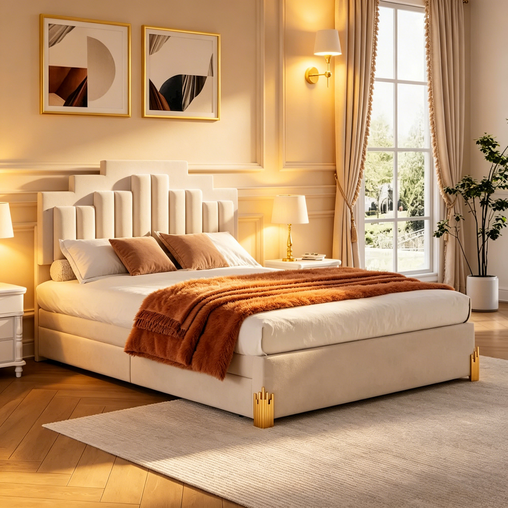 Lit plateforme beige rembourré (avec éclairage et tiroirs)