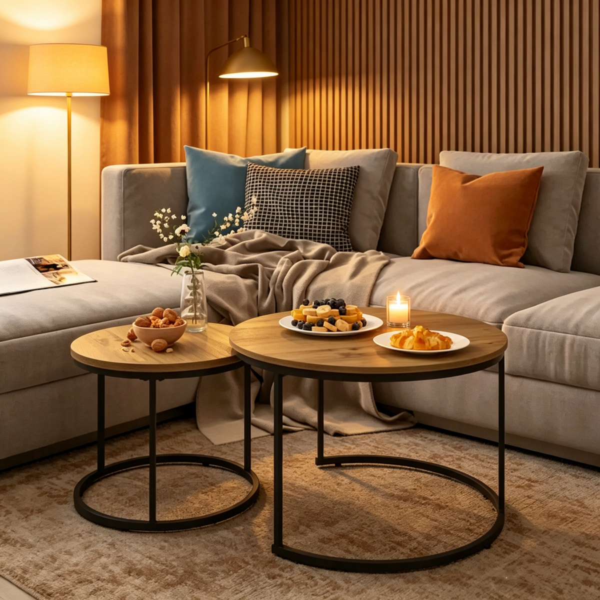 Satztische, 2er-Set, runder Couchtisch mit Holzoptik, 27.6inch, mit stabilem Metallgestell, Beistelltische