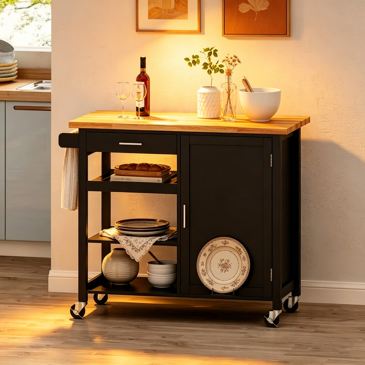 Chariot de cuisine moderne en bois (avec roulettes, tiroir et placard de rangement)