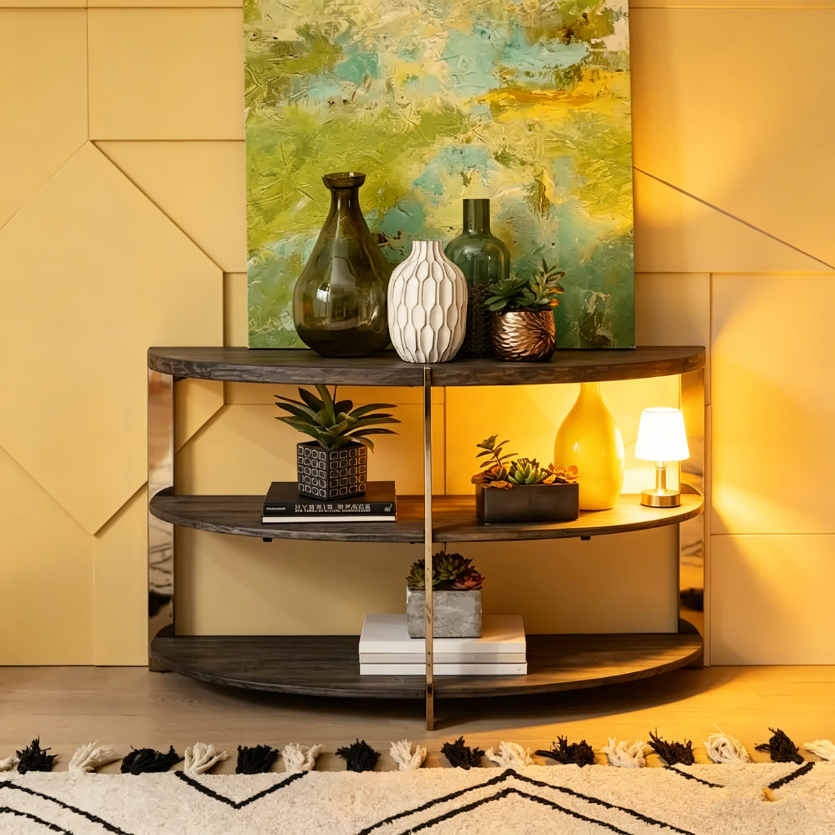 Table d’entrée en demi-lune avec deux étagères ouvertes, gris anthracite et métal chromé.
