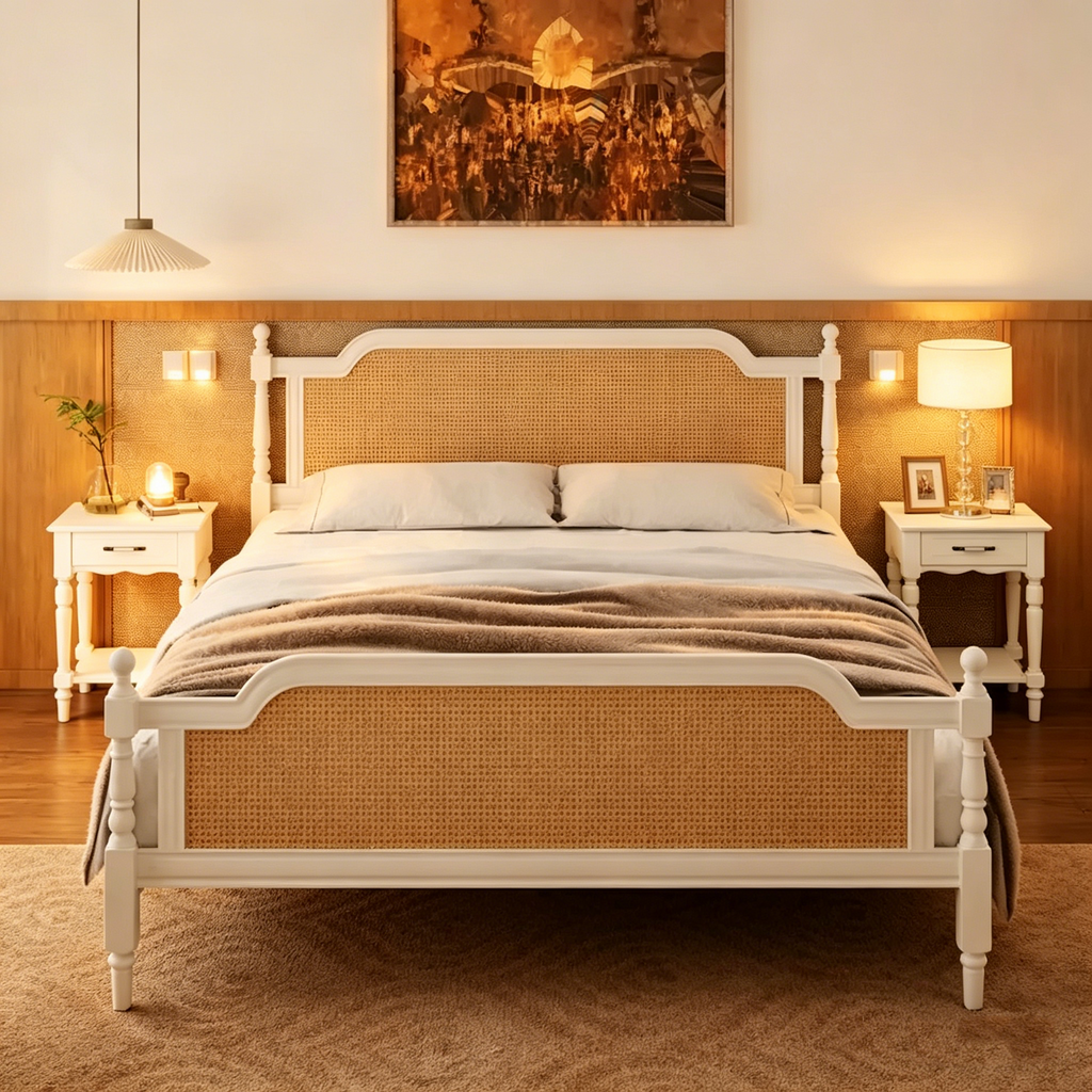 Cadre de lit en rotin de style traditionnel, sans sommier requis
