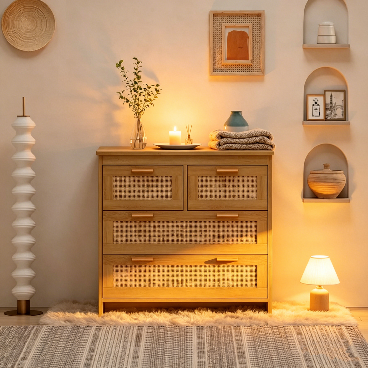 Armoire de rangement en rotin à 4 tiroirs — idéale pour les chambres, les salons, les salles à manger et les entrées — assemblage facile