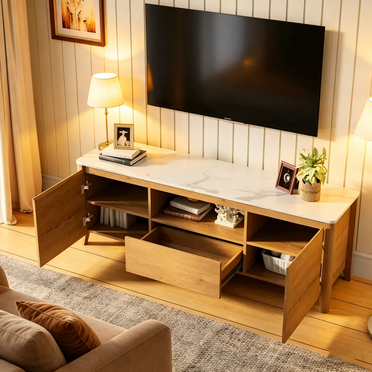 Meuble TV moderne de 58 pouces avec éclairage LED, meuble de divertissement avec rangement pour téléviseurs jusqu’à 80 pouces, pour le salon et la chambre
