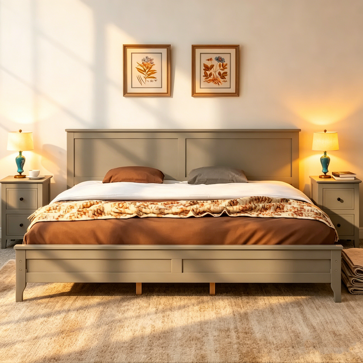Lit plateforme king size moderne en bois massif gris