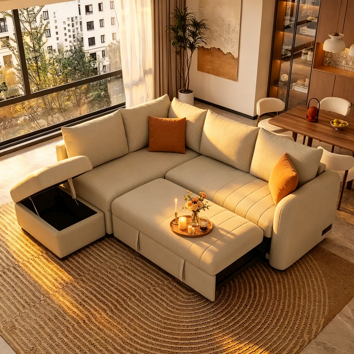 Canapé d’angle convertible rembourré avec pouf de rangement mobile, canapé-lit d’angle en forme de L avec lit escamotable