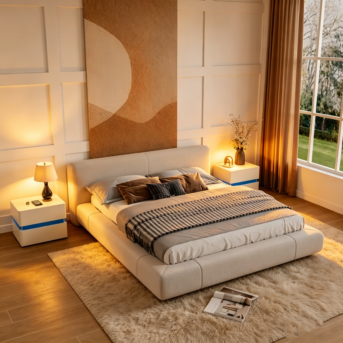 Table de chevet intelligente à LED de 17.72 H avec station de recharge et tiroir, pour la chambre, en noir/blanc/crème