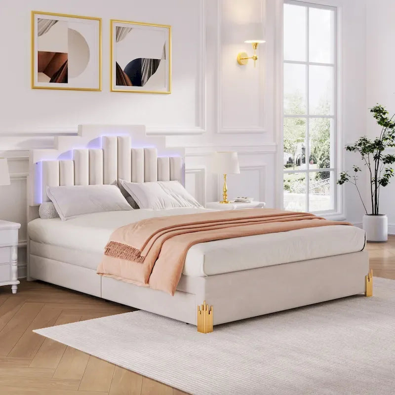 Lit plateforme beige rembourré (avec éclairage et tiroirs)