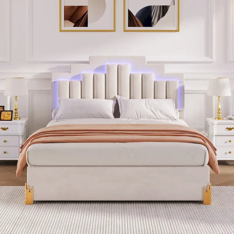 Lit plateforme beige rembourré (avec éclairage et tiroirs)