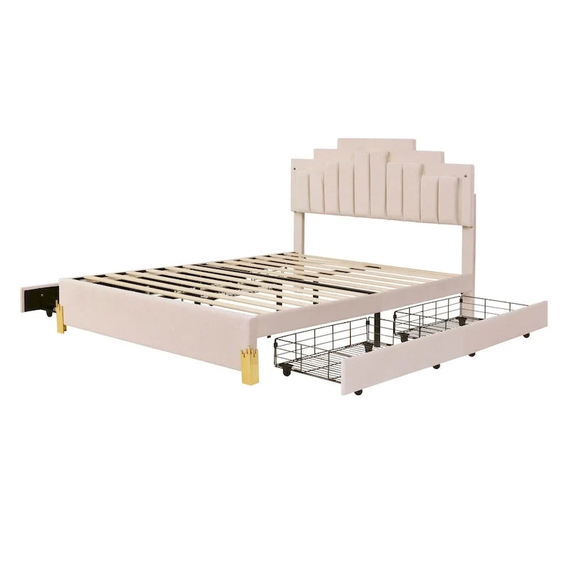 Lit plateforme beige rembourré (avec éclairage et tiroirs)