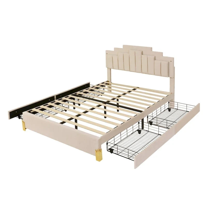 Lit plateforme beige rembourré (avec éclairage et tiroirs)