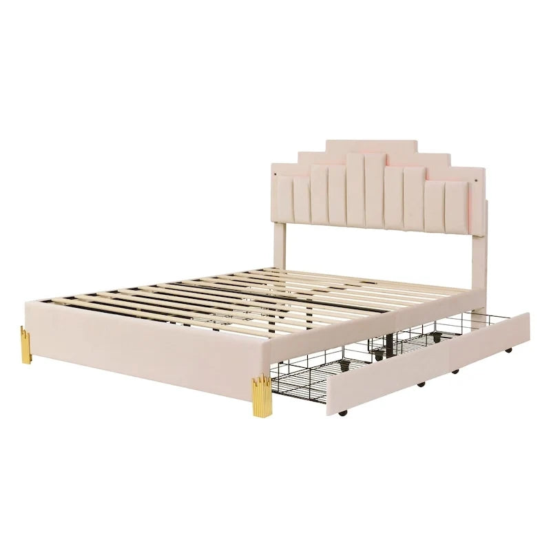 Lit plateforme beige rembourré (avec éclairage et tiroirs)