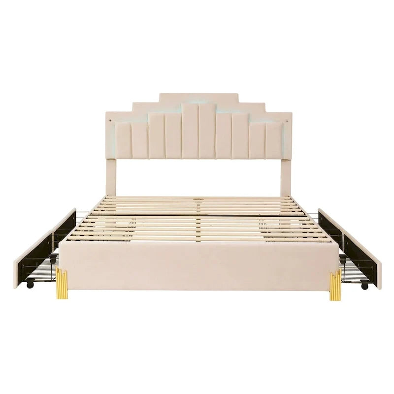 Lit plateforme beige rembourré (avec éclairage et tiroirs)