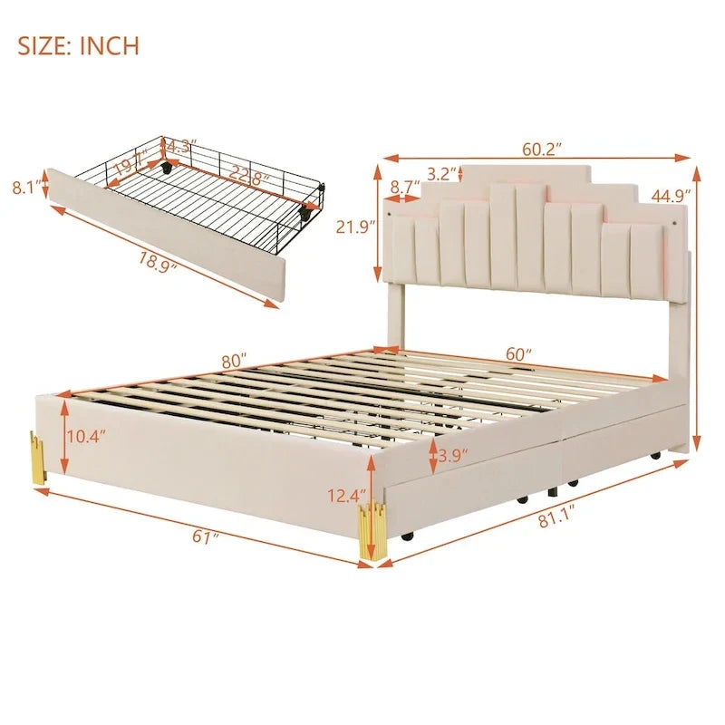 Lit plateforme beige rembourré (avec éclairage et tiroirs)