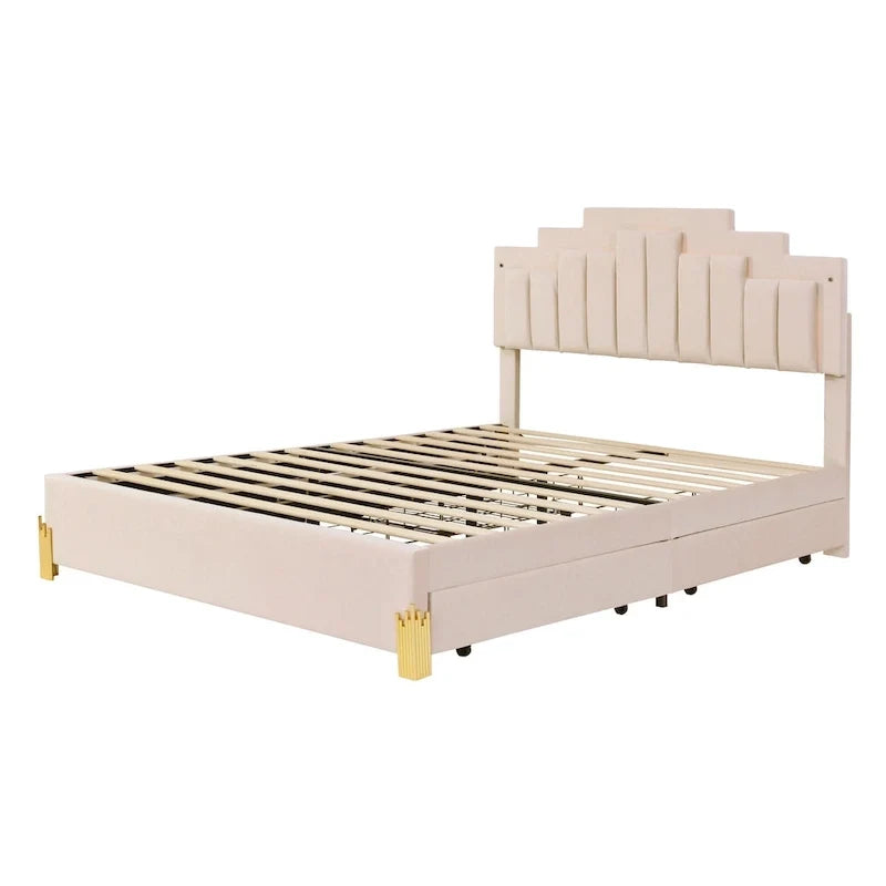 Lit plateforme beige rembourré (avec éclairage et tiroirs)