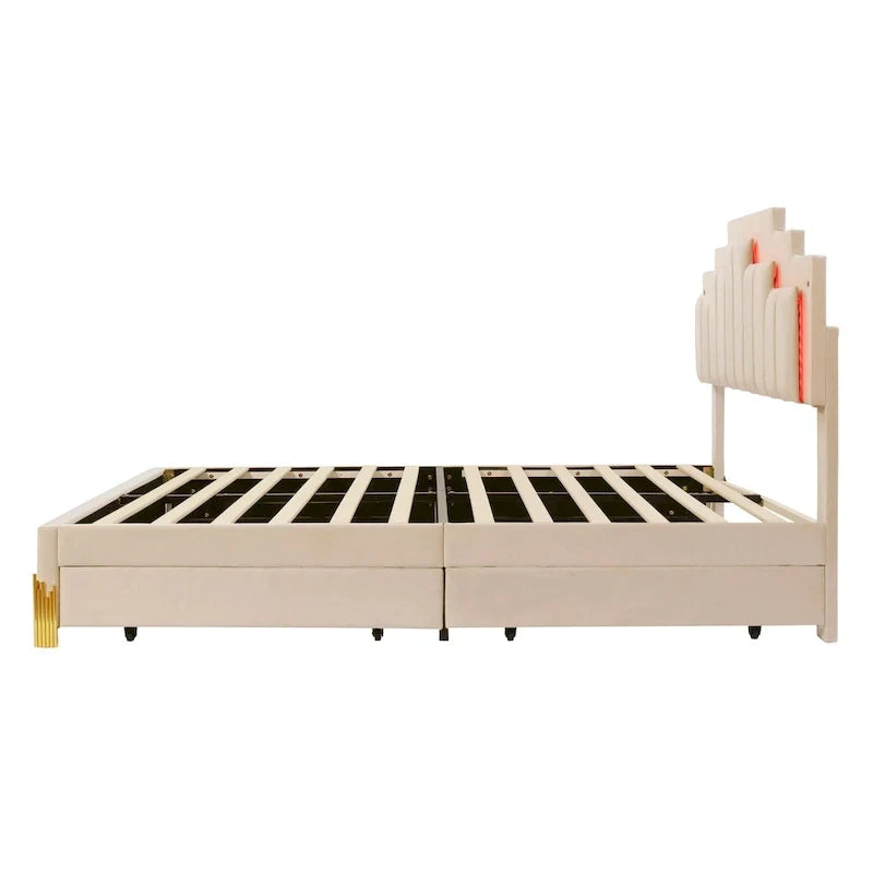 Lit plateforme beige rembourré (avec éclairage et tiroirs)