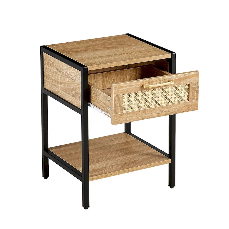 Mesa de noche de ratán con 1 cajón y estante