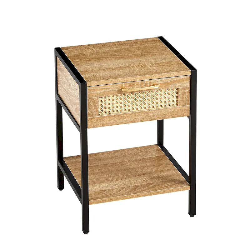 Mesa de noche de ratán con 1 cajón y estante