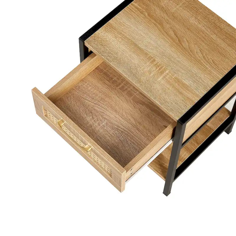 Mesa de noche de ratán con 1 cajón y estante