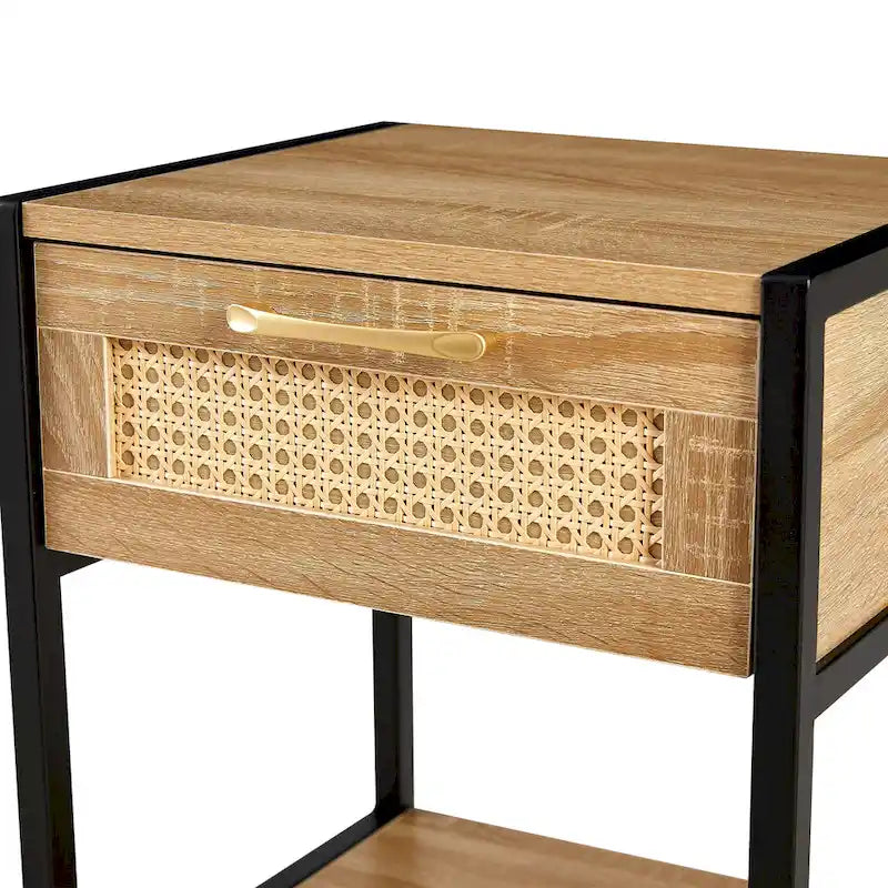 Mesa de noche de ratán con 1 cajón y estante
