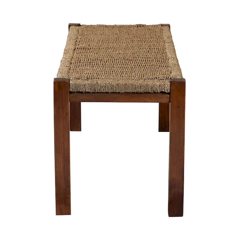 Banc de style transitionnel moderne mi-siècle en jonc de mer naturel et acajou