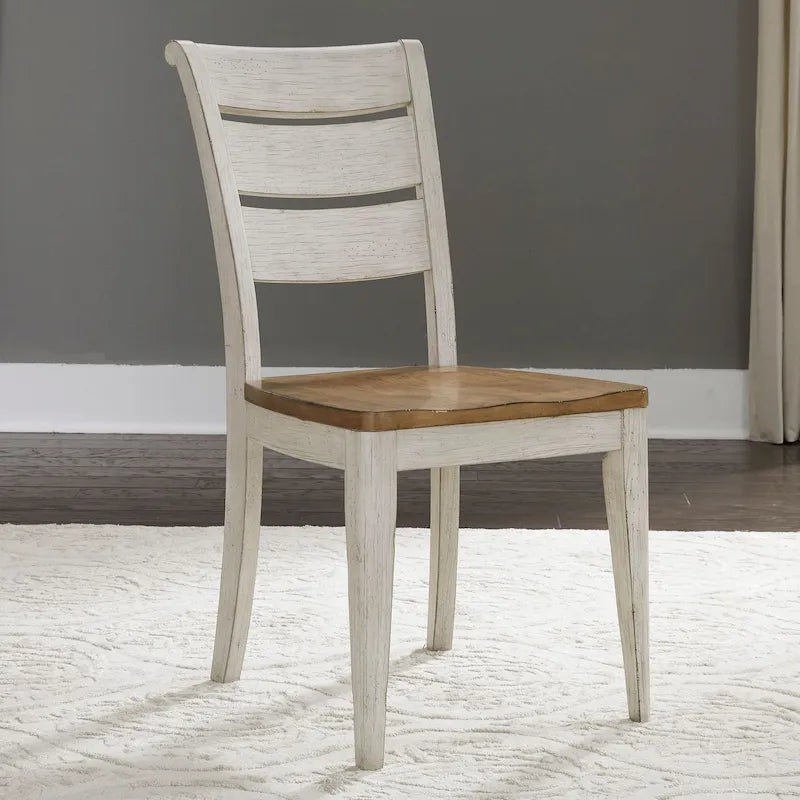 Chaise d’appoint à dossier à barreaux de style champêtre, finition blanc antique réinventée (lot de 2)