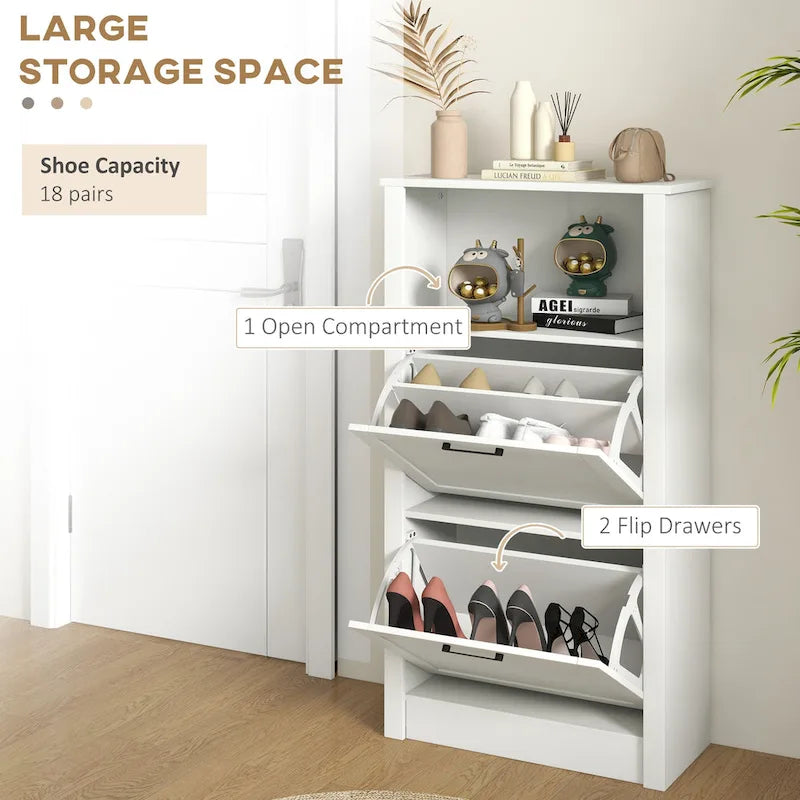 Meuble à chaussures : rangement autoportant avec deux tiroirs basculants à deux niveaux et étagères réglables