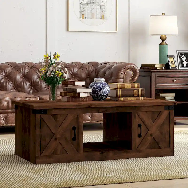 Mesa de centro estilo granja de 48 pulgadas — No requiere montaje, acabado de whisky envejecido