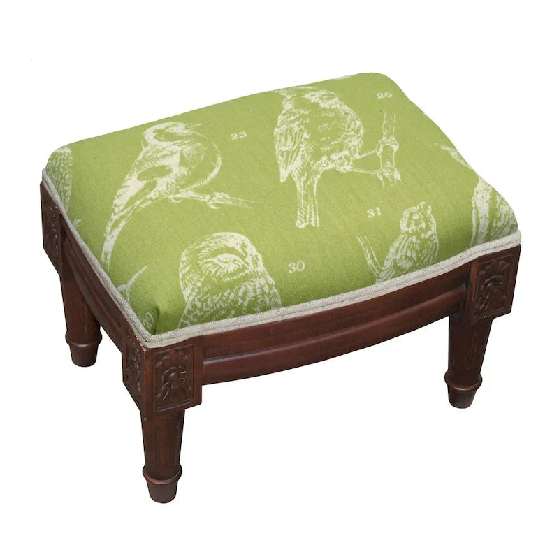 Repose-pieds rembourré en bois avec motif d’oiseau