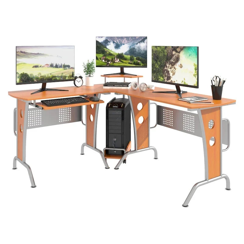 L-förmiger Eck-Computertisch mit Ablagefächern, ausziehbarer Tastaturablage und praktischem CPU-Ständer.