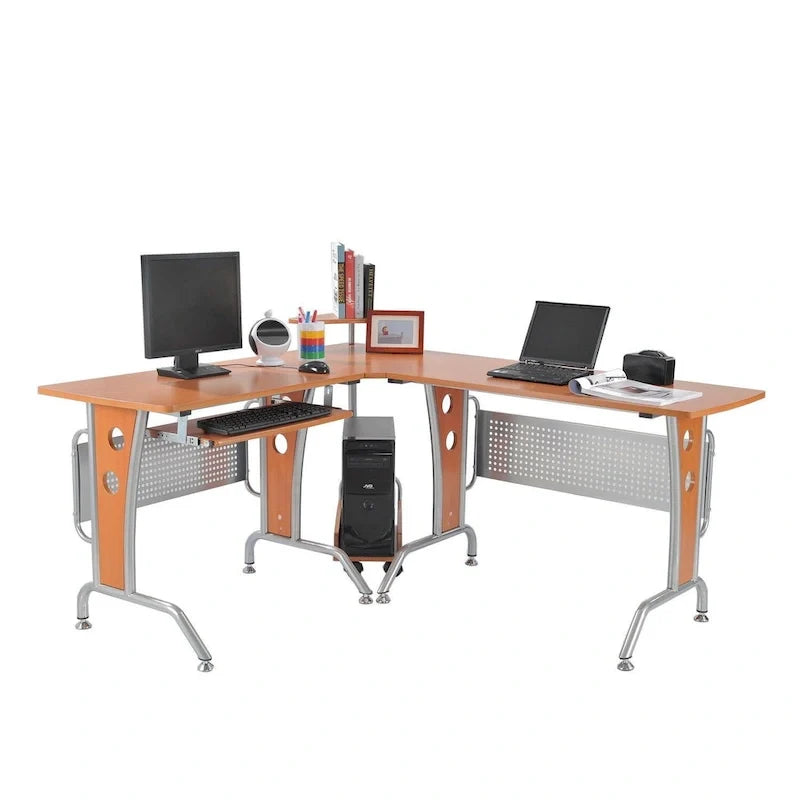 L-förmiger Eck-Computertisch mit Ablagefächern, ausziehbarer Tastaturablage und praktischem CPU-Ständer.