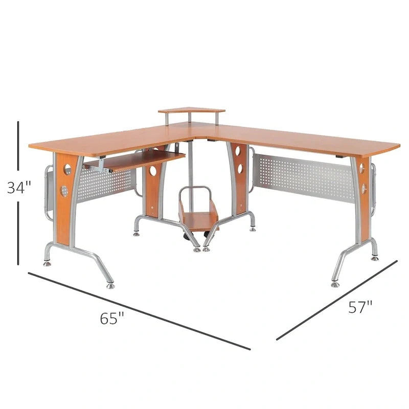 Escritorio esquinero para computadora en forma de L, con estantes de almacenamiento, bandeja deslizante para teclado y práctico soporte para CPU.