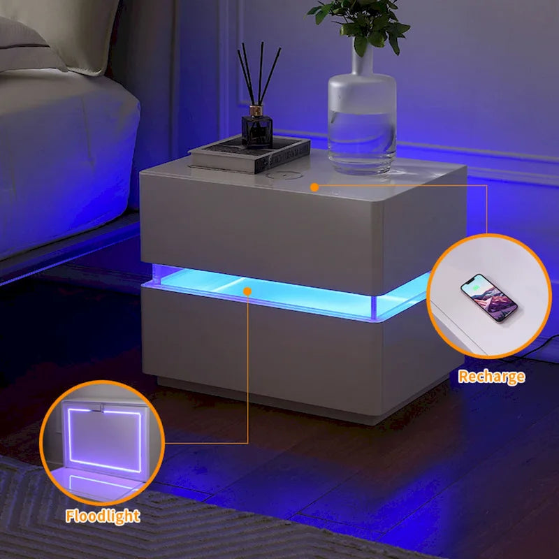 17.72 H intelligenter LED-Nachttisch mit Ladestation und Schublade fürs Schlafzimmer in Schwarz/Weiß/Creme