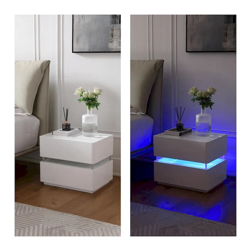 17.72 H intelligenter LED-Nachttisch mit Ladestation und Schublade fürs Schlafzimmer in Schwarz/Weiß/Creme