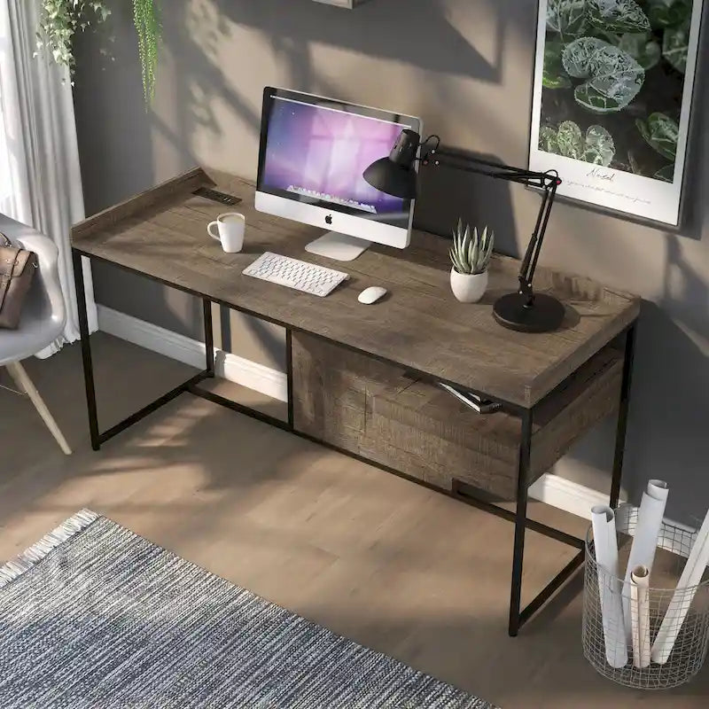 Stahlschreibtisch für Computer, 63 Zoll, mit USB-Anschlüssen