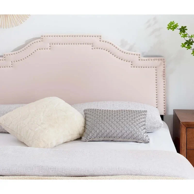 Tête de lit rembourrée en velours rose Paradise pour lit king size/California king size, avec garniture à clous décoratifs