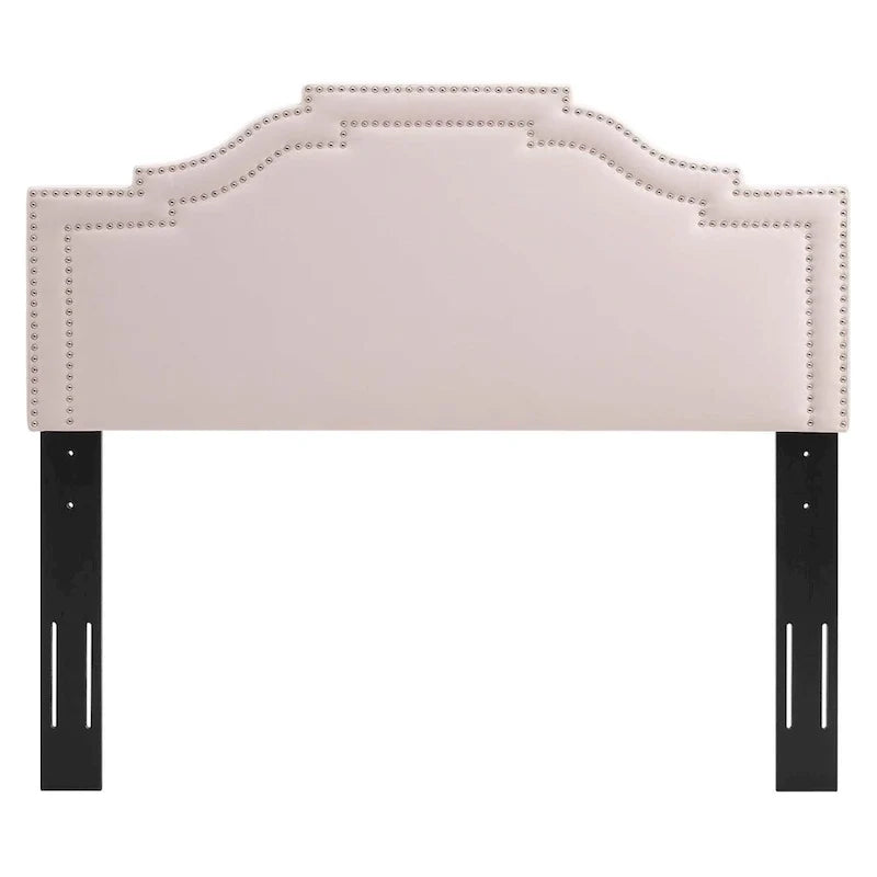 Tête de lit rembourrée en velours rose Paradise pour lit king size/California king size, avec garniture à clous décoratifs