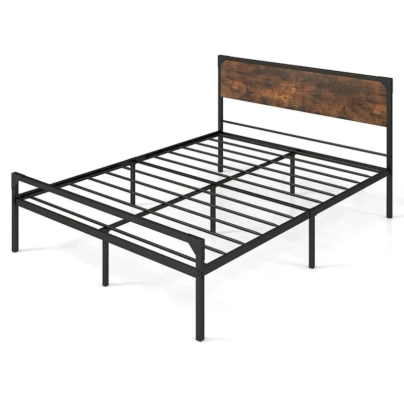 Cama de plataforma rústica de tamaño matrimonial/queen con cabecera y pie de cama