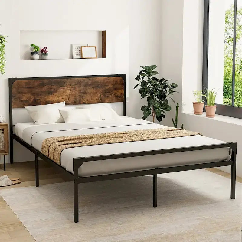 Cama de plataforma rústica de tamaño matrimonial/queen con cabecera y pie de cama