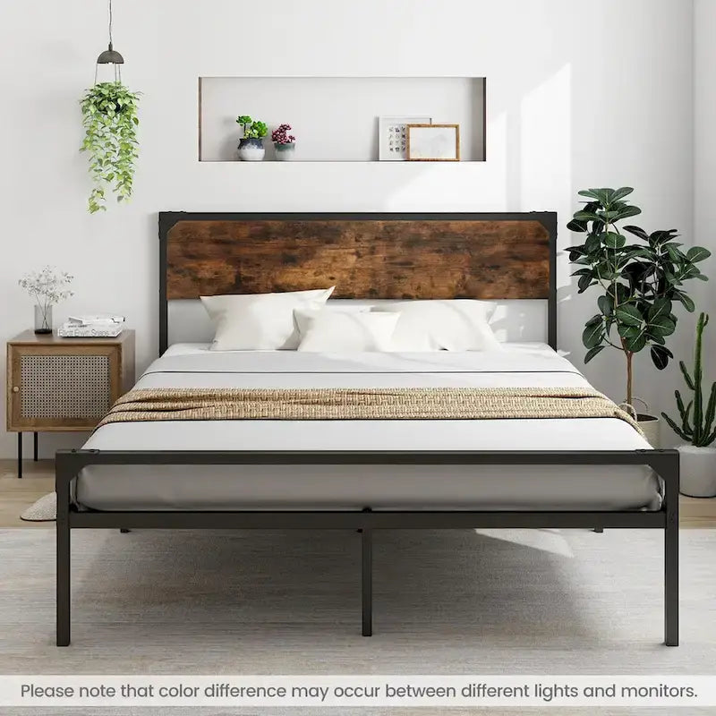 Cama de plataforma rústica de tamaño matrimonial/queen con cabecera y pie de cama