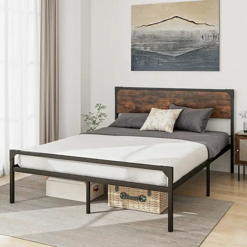 Cama de plataforma rústica de tamaño matrimonial/queen con cabecera y pie de cama